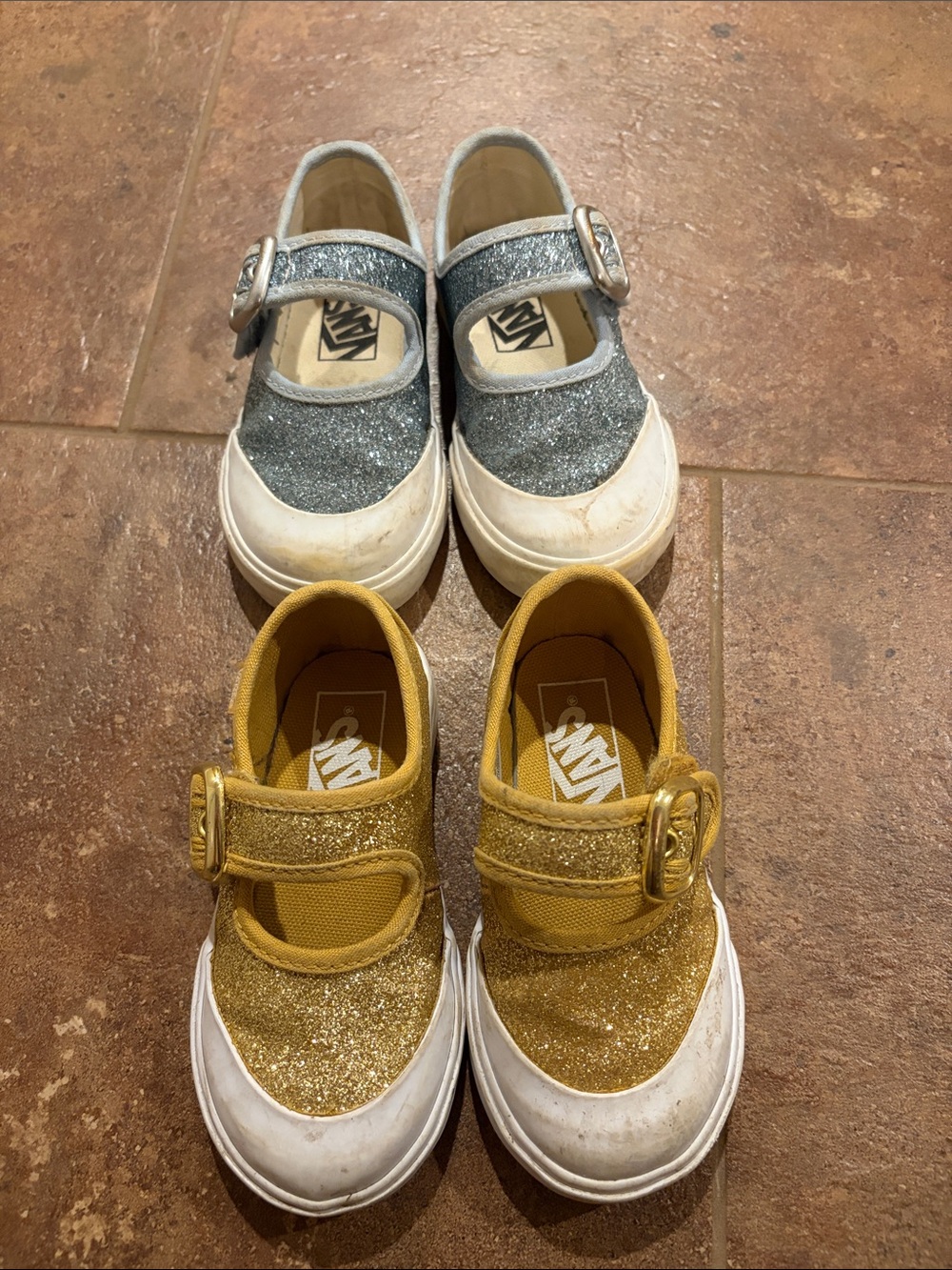 Vans Kids Mary Jane Sneakers in Silver Glitter and Gold Glitter